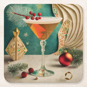 Mid Century Christmas Cocktail Party Happy Hour Square Paper Coaster
