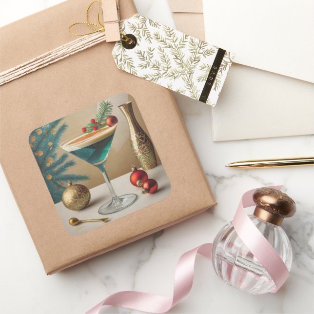 Mid Century Christmas Cocktail Party Happy Hour Square Sticker (Gifting)