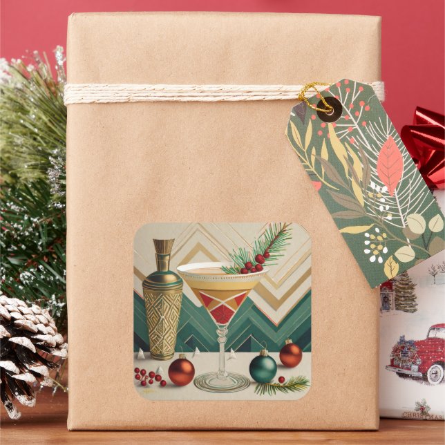 Mid Century Christmas Cocktail Party Happy Hour Square Sticker (Holiday)