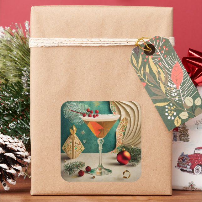 Mid Century Christmas Cocktail Party Happy Hour Square Sticker (Holiday)