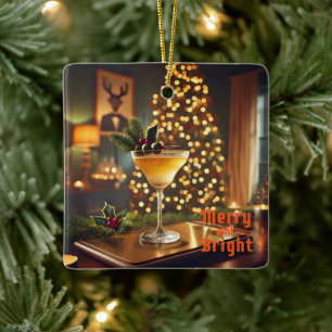 Mid Century Christmas Merry & Bright Cocktail  Ceramic Ornament