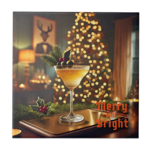 Mid Century Christmas Merry & Bright Cocktail Ceramic Tile