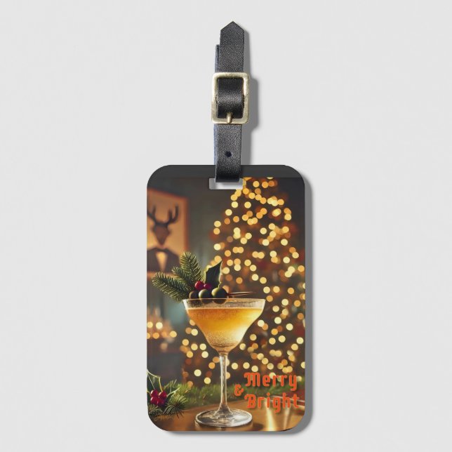 Mid Century Christmas Merry & Bright Cocktail  Luggage Tag (Front Vertical)