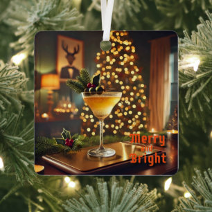 Mid Century Christmas Merry & Bright Cocktail Metal Ornament