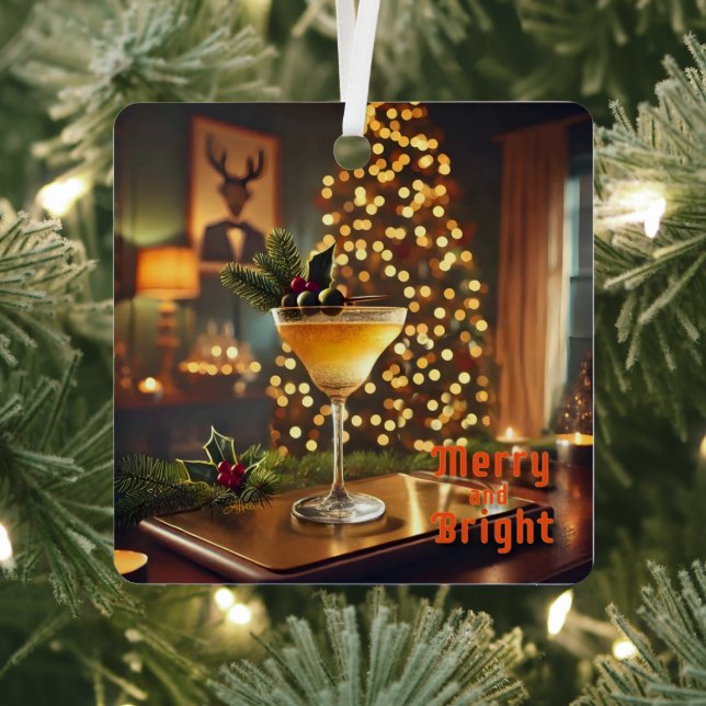 Mid Century Christmas Merry & Bright Cocktail  Metal Ornament (Insitu)