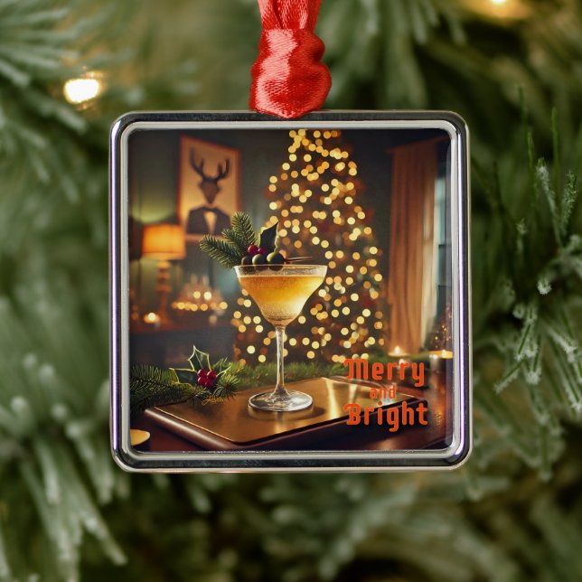 Mid Century Christmas Merry & Bright Cocktail  Metal Ornament (Tree)
