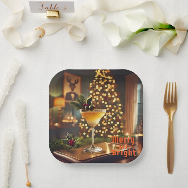 Mid Century Christmas Merry & Bright Cocktail  Paper Plates (Wedding)