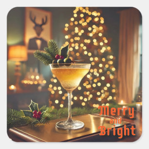 Mid Century Christmas Merry & Bright Cocktail Square Sticker