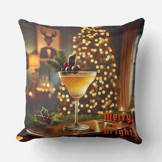 Mid Century Christmas Merry & Bright Cocktail  Throw Pillow (Front)
