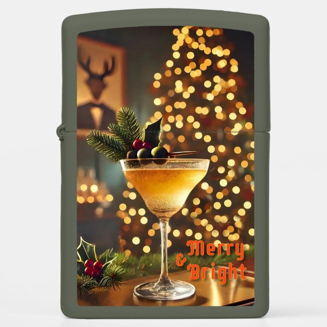 Mid Century Christmas Merry & Bright Cocktail  Zippo Lighter (Front)