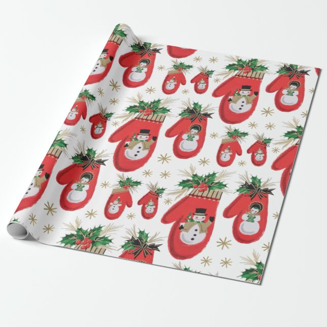 Mid Century Christmas Mittens Wrapping Paper (Unrolled)