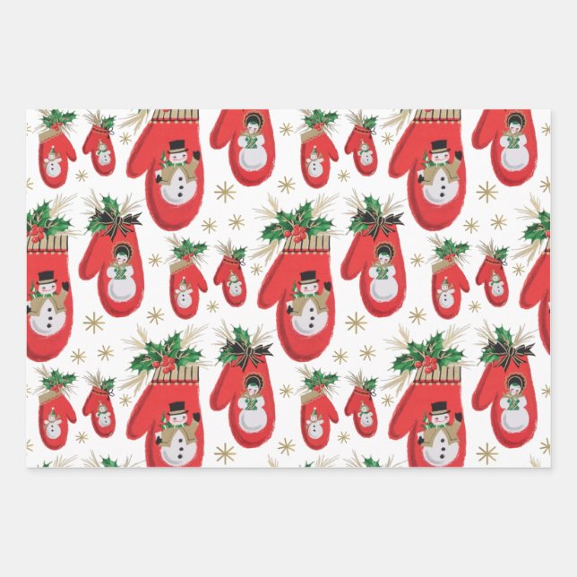Mid Century Christmas Mittens Wrapping Paper Sheets (Front)