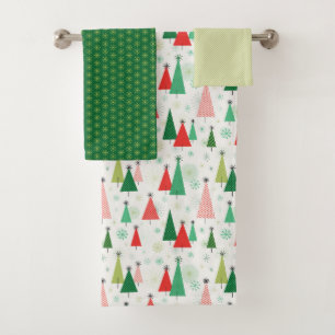 Mid Century Christmas Trees Green and Red Bath Towel Set