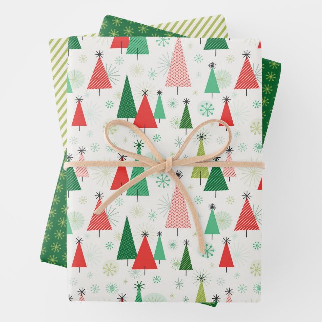 Mid Century Christmas Trees Green and Red Wrapping Paper Sheets (In situ)