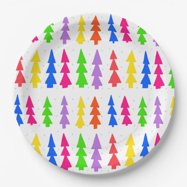 Mid Century Christmas Trees Multi Color Paper Plates (Front)
