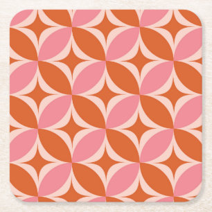 Mid Century Circle Starbursts pink and orange Square Paper Coaster
