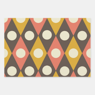 Mid Century Circles on Terracotta Mustard Diamonds Wrapping Paper Sheets