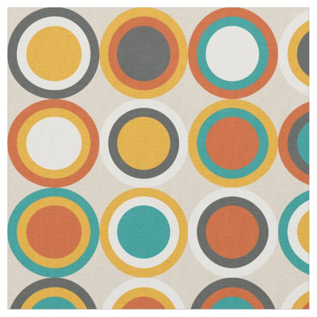 Mid Century Circles Pattern Orange Brown Teal Fabric (Close Up)