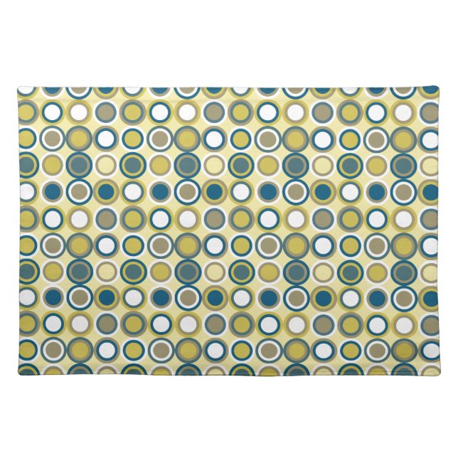 Mid Century Circles Pattern Yellow Blue Tan White Cloth Placemat (Front)