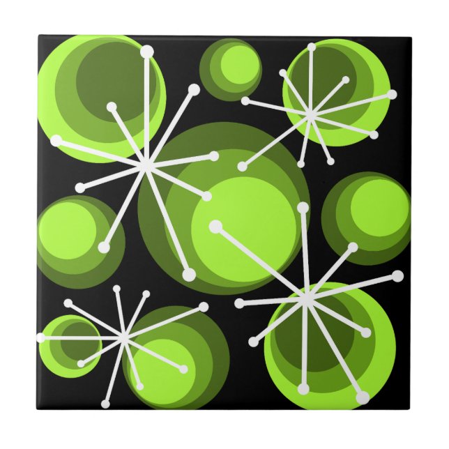 Mid Century Circles Starbursts Chartreuse Ceramic Tile (Front)