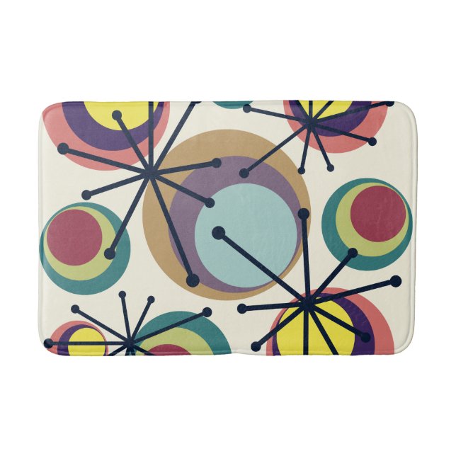 Mid Century Circles Starbursts Colorful Bath Mat (Front)
