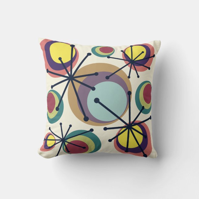 Mid Century Circles Starbursts Colorful Throw Pillow (Front)