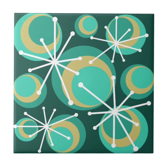 Mid Century Circles Starbursts Teal Ceramic Tile (Front)