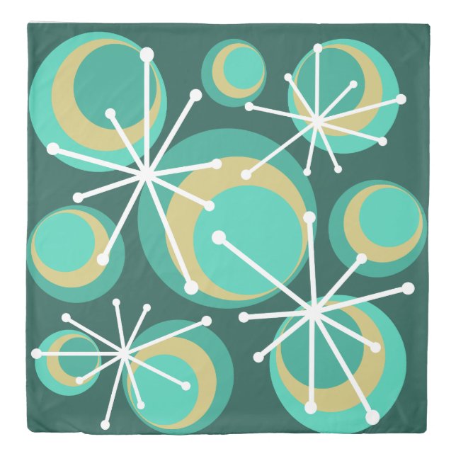 Mid Century Circles Starbursts Teal Duvet Cover (Front)