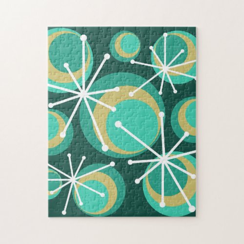 Mid Century Circles Starbursts Teal Jigsaw Puzzle