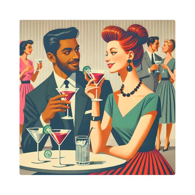 Mid Century Cocktail Party Couples - First Date Metal Print (Front)