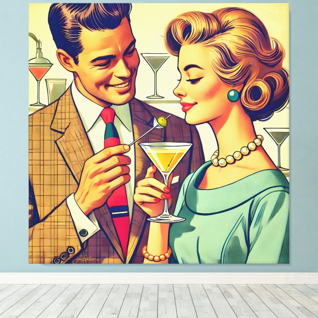 Mid Century Cocktail Party Couples - Temptation Canvas Print (Insitu(Wood Floor))