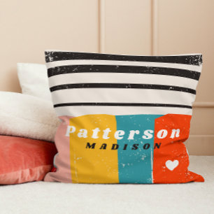 Mid Century Colorblock Stripes Personalized Names Throw Pillow