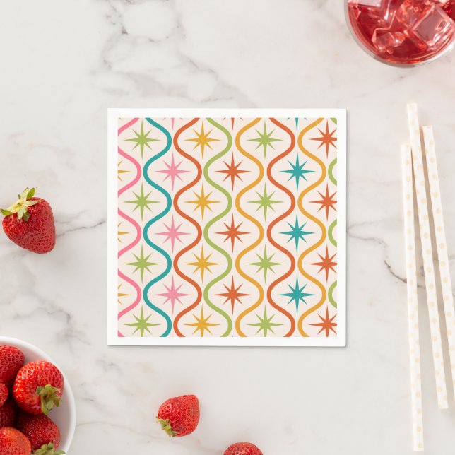 Mid Century Colorful Atomic Starbursts On Ogee  Napkins (Insitu)