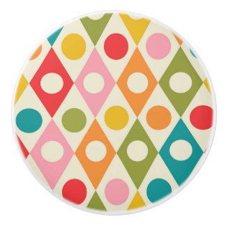 Mid Century Colorful Circles on Diamonds Pattern  Ceramic Knob
