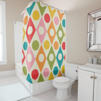 Mid Century Colorful Circles on Diamonds Pattern  Shower Curtain