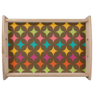 Mid Century Colorful Retro Starbursts on brown Serving Tray