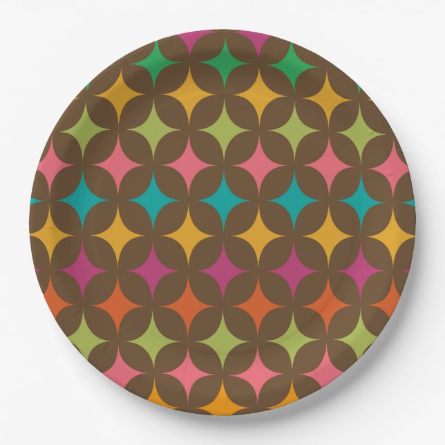 Mid Century Colorful Retro Starbursts Pattern  Paper Plates (Front)
