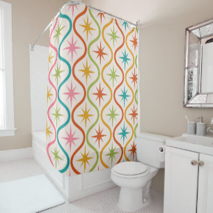Mid Century Colorful  Starbursts On Ogee Pattern  Shower Curtain