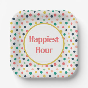 Mid Century Custom Happy Hour Orange Gold Teal Dot Paper Plates