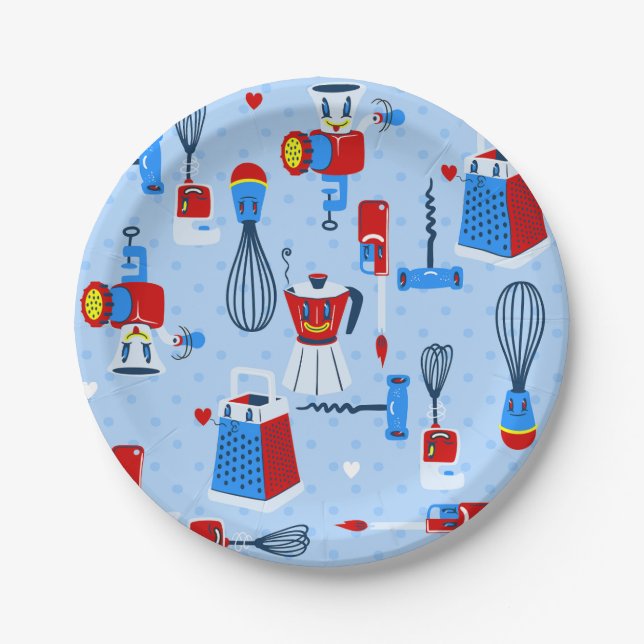 mid century cute kitchen cooking utensils retro paper plates (Front)