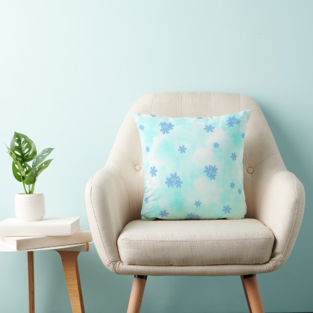 mid century cute retro blue floral pattern throw pillow (Chair)