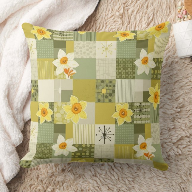Mid-Century Daffodil Floral Pattern (2) Throw Pillow (Blanket)
