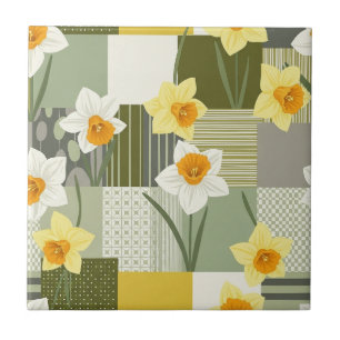 Mid-Century Daffodil Floral Pattern Ceramic Tile