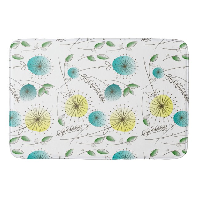 Mid-Century Dandelion Clocks Yellow and Blue Bath Mat (Front)