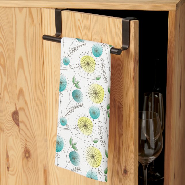Mid-Century Dandelion Clocks Yellow and Blue Kitchen Towel (Thirds Fold)