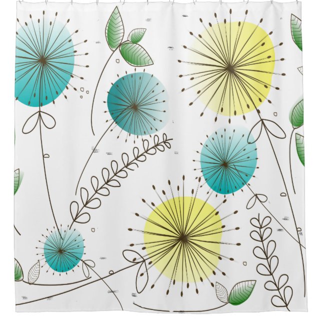 Mid-Century Dandelion Clocks Yellow and Blue Shower Curtain (Front)