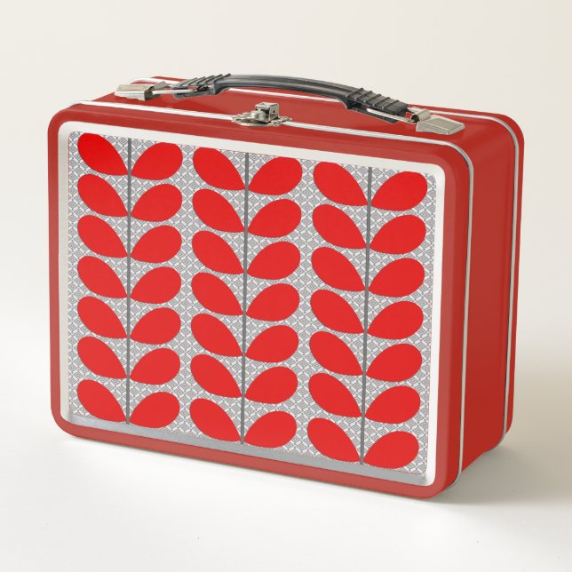 Mid Century Danish Leaves, Deep Red & Gray / Grey  Metal Lunch Box (Front)