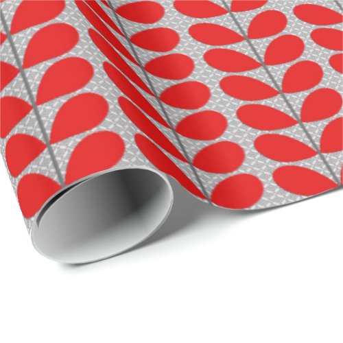Mid Century Danish Leaves Deep Red  Gray  Grey Wrapping Paper