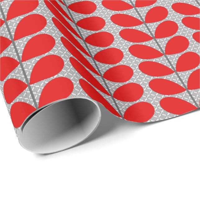 Mid Century Danish Leaves, Deep Red & Gray / Grey Wrapping Paper (Roll Corner)
