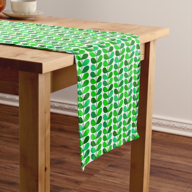 Mid Century Danish Leaves, Emerald and Lime Green Short Table Runner (In Situ)